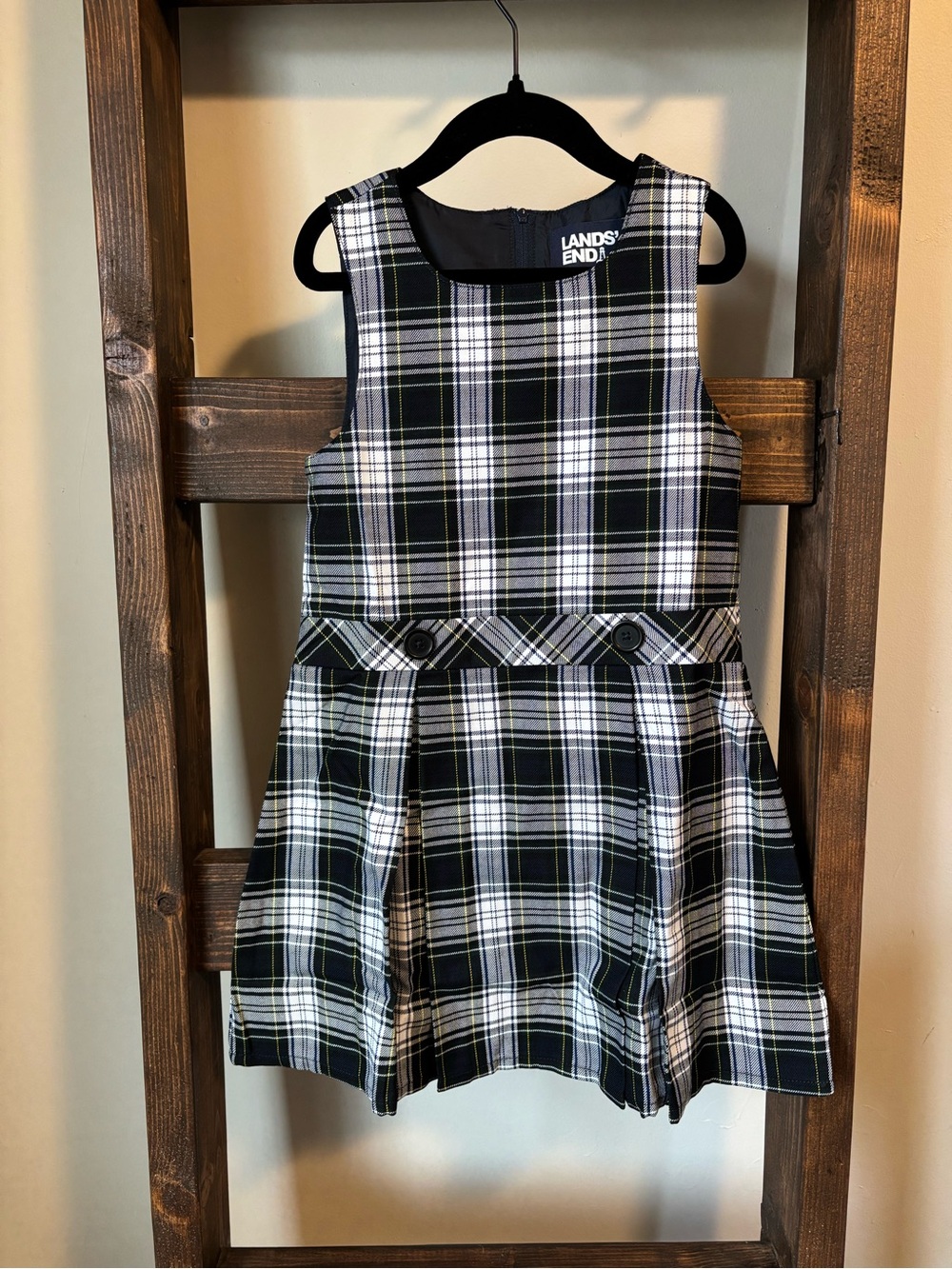 NWT Lands' End Girls' Black & White Plaid Pinafore Dress